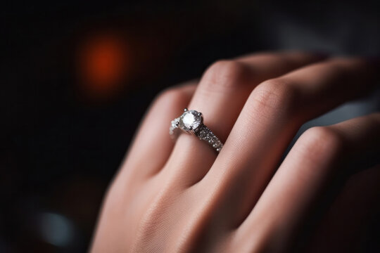 Close up on a wedding ring with a diamond on a woman's hand. Marrying and vows concept motif.