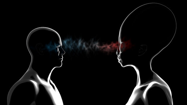 Telepathic communication between alien and human. Profile of human and alien. Telepathic communication with extraterrestrial being and man. 3d render illustration