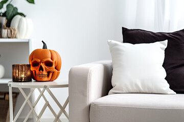 Halloween decorations in living room with white couch, creative pumpkin, candles. Creative modern white, black and orange design interior. Close up. Generative AI.