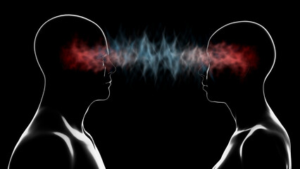 Telepathic communication between 2 people. Profiles of human male, female in telepathic communication.
Transfer of information, consciousness between two people. 3d illustration render