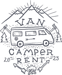 Car Rental Vampervan Vintage Logo Label hand Drawn. Vector