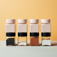 pastel background. spice jars. empty square ones for cream. background. wallpaper