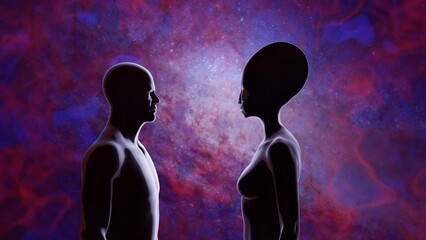 Human male and alien female facing each other. Colorful stars, nebula and galaxy in background. UFO contactee. Experiencer. Alien contact, communication. 3d render illustration