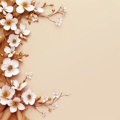 Obraz premium beige banner frame with flowers. blooming cherry. sakura. Japanese style. place for text. Pastel background. Wallpaper 
