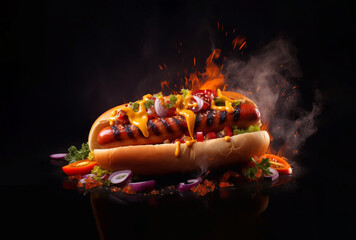 Hot dogs in fire on dark background