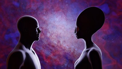 Human male and alien female facing each other. Colorful stars, nebula and galaxy in background. UFO contactee. Experiencer. Alien contact, communication. 3d render illustration