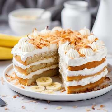 banana banoffee cake. dessert. tasty food. whipped cream.