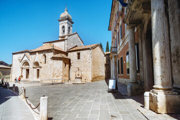 San Quirico D'Orcia, Tuscany - August 2023: Pieve dei Santi Quirico e Giulitta.