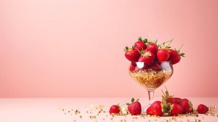 Strawberries in a golden glass. Festive red background with golden confetti.