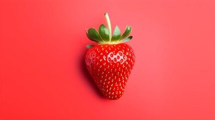 Single strawberry on a minimal red background.