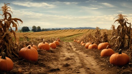 A field of pumpkins in the middle of a dirt road - obrazy, fototapety, plakaty