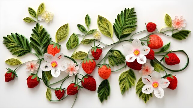 Strawberries plant and flowers paper quilling isolated on white.