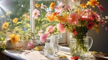 A vase of flowers sitting on a window sill