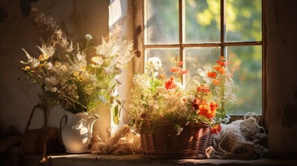 A window sill with a basket of flowers