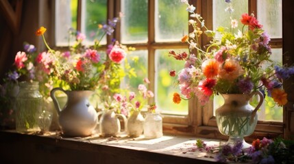 A window sill filled with vases of flowers