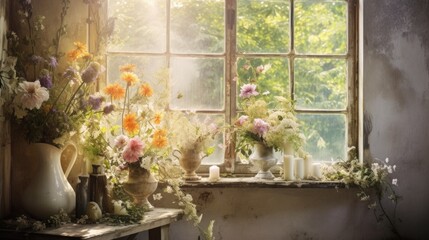 A room with a window and a bunch of flowers