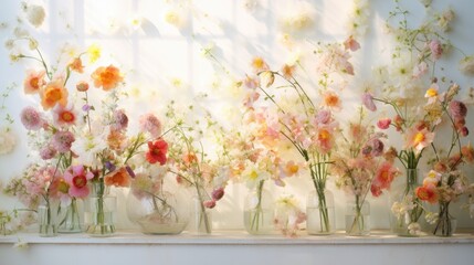 A row of vases filled with flowers sitting on a window sill