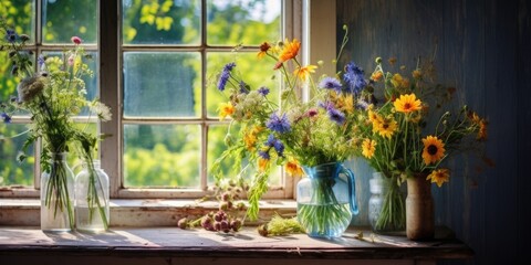 Three vases filled with flowers sit on a window sill