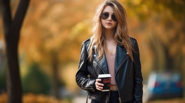 A woman in a leather jacket holding a cup of coffee