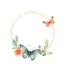 Stylized wreath with flowers and butterfly. Round floral frame for your text