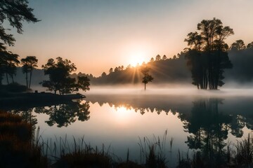 Fototapeta na wymiar A serene sunrise over a tranquil lake, with mist gently rising from the water's surface. 