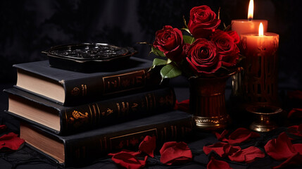 A Stack of Witchy SpellBooks with Lit Candles and Roses - On a Moody, Dark Background with Dark Academia Aesthetic - Halloween Theme - Generative AI