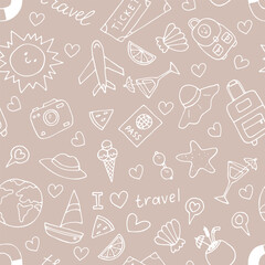 Hand drawn seamless pattern with travel icons. Summer vacation. Doodle, sketch. Traveling, holidays, relaxation