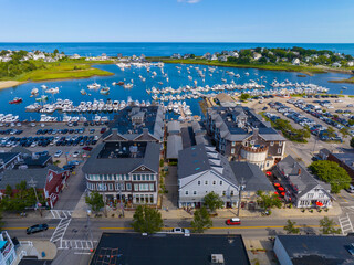 Scituate Harbor aerial view including waterfront marina and Front Street in town of Scituate,...