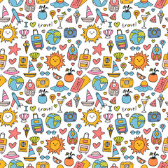 Hand drawn seamless pattern with travel icons. Summer vacation. Doodle, sketch. Traveling, holidays, relaxation