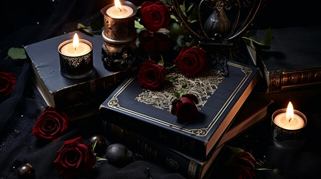 A Stack of Witchy SpellBooks with Lit Candles and Roses - On a Moody, Dark Background with Dark Academia Aesthetic - Halloween Theme - Generative AI