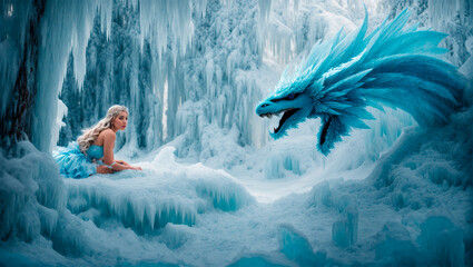 Fantasy illustration with magical creatures like snow fairies and ice dragons in a fairy tale ice forest