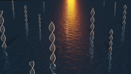 DNA molecules in water. Mist, fog background. DNA molecules in ocean with foggy, misty background. DNA strands in liquid. 3d render illustration
