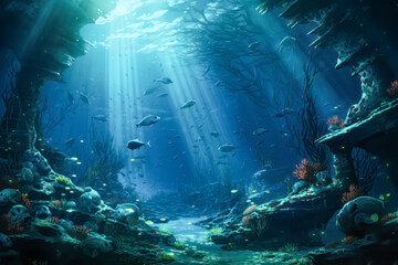 Underwater scene with coral reef and fish