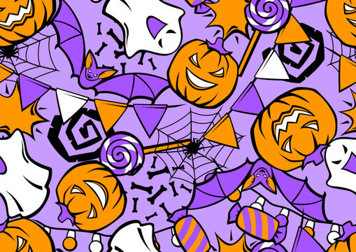 Happy Halloween pattern. Holiday background with celebration items.
