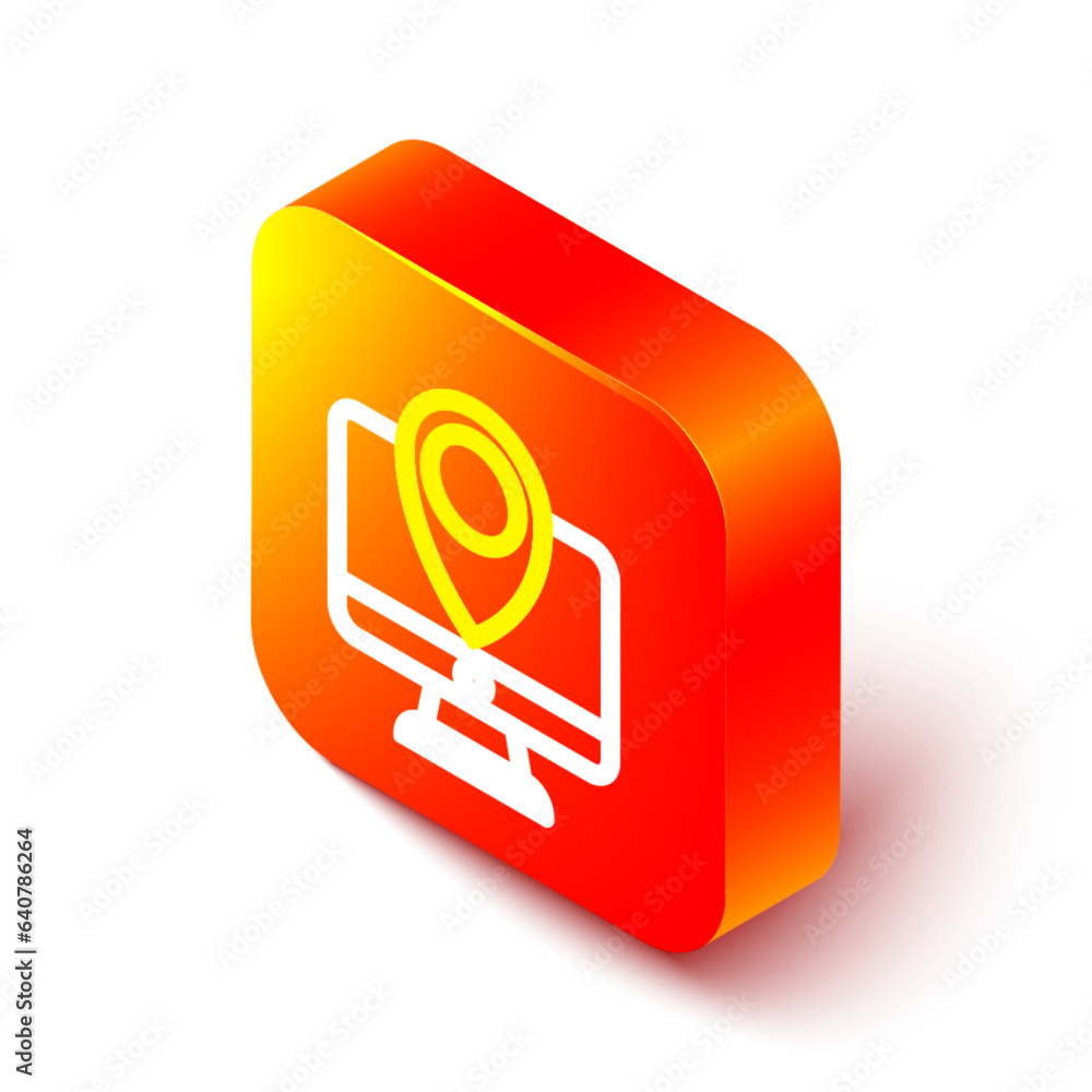 Poster isometric line computer monitor and folded map with location marker icon isolated on white backgroun