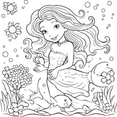 Coloring book ocean and mermaid