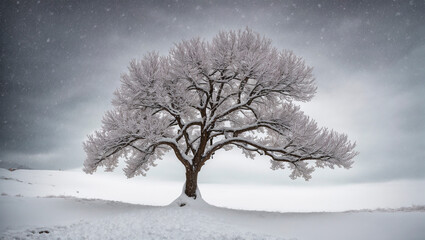 The illustration focuses on a lone tree standing at the entrance to the village as a snow storm approaches. The branches of the tree bend from the force of the wind, and white snowflakes fill the enti - obrazy, fototapety, plakaty