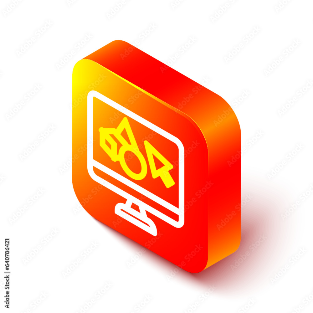 Poster isometric line 3d printer software icon isolated on white background. 3d printing. orange square but