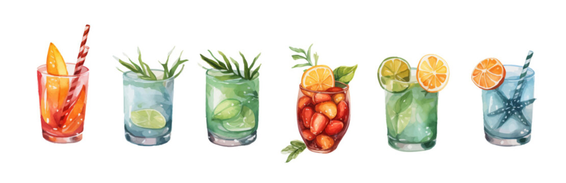 Set of vector watercolor colorful fruity summer cocktails. Summer party. Vector arrangements for greeting cards or party flyers