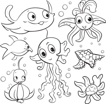 Coloring book various sea animals