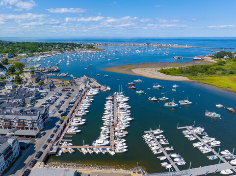Scituate Harbor aerial view including Bulman Marine and Harbor Marina in town of Scituate, Massachusetts MA, USA. 