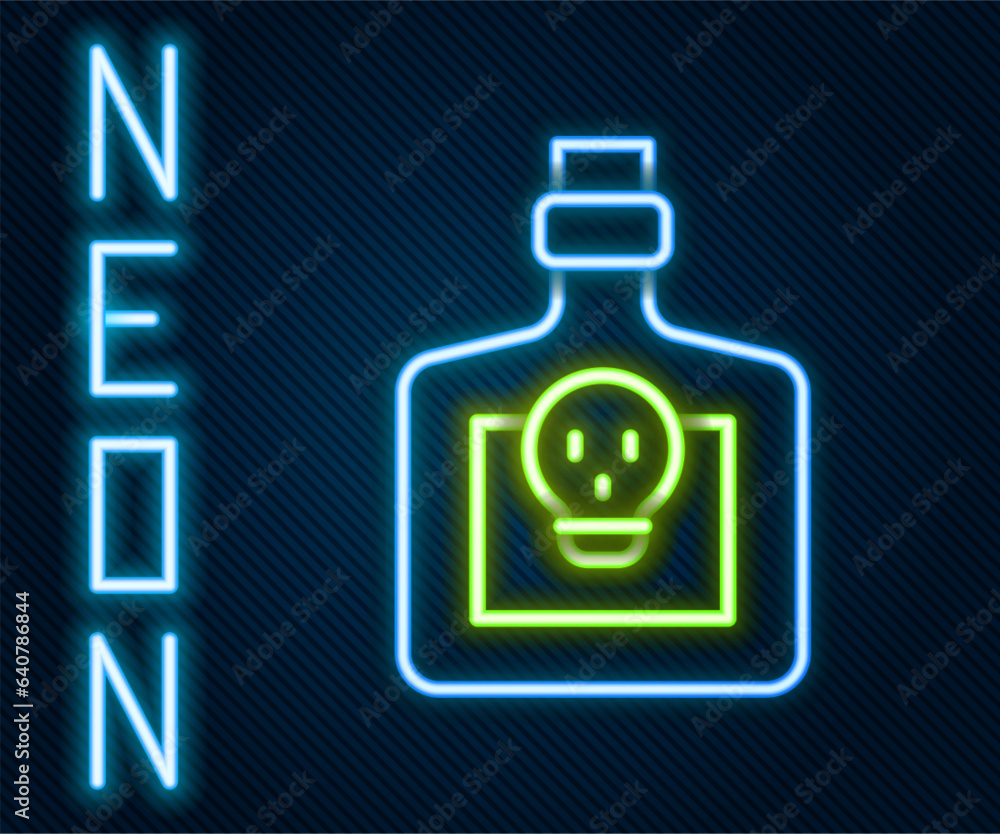 Poster glowing neon line bottle with potion icon isolated on black background. flask with magic potion. hap