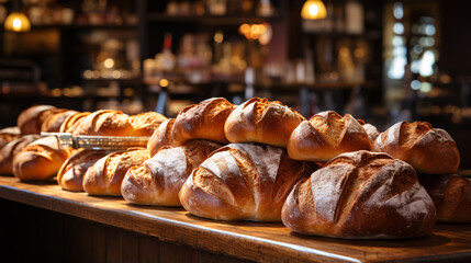 A charming bakery boasts an enticing collection of diverse bread loaves, an invitation to culinary delight.