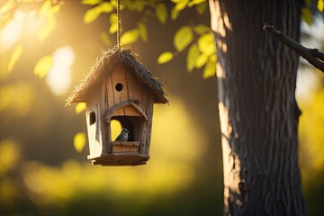 Bird house hanging from a tree branch. ai generative