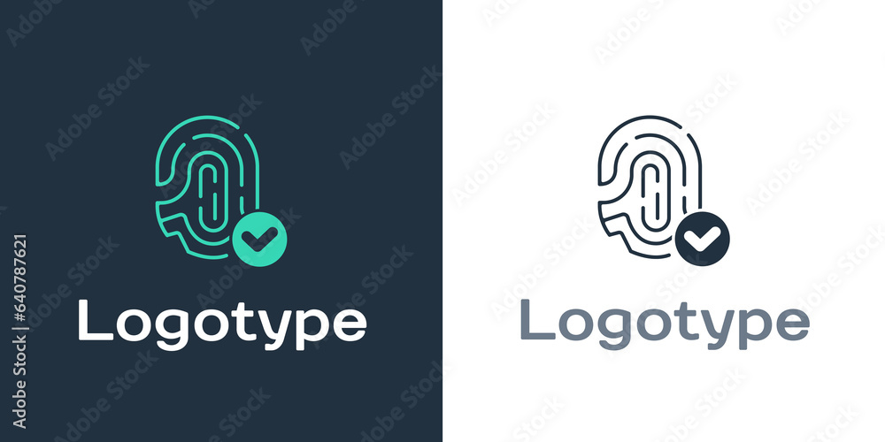 Poster logotype fingerprint with check mark icon isolated on white background. id app icon. identification 
