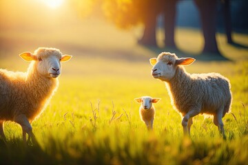 Fototapeta premium lambs in countryside in the sunshine. ai generative