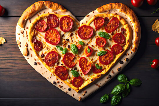 Heart shaped pizza on wooden background. ai generative