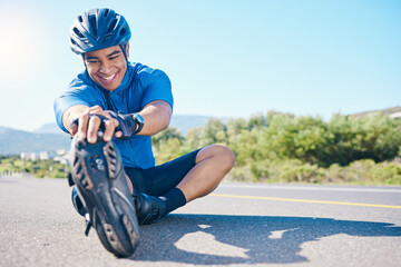 Happy man, cyclist and stretching on road in fitness, outdoor workout or cardio exercise in nature....