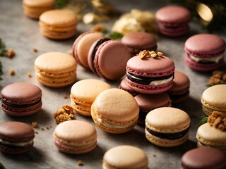 gourmet colorful macarons closeup, rich textures, simple presentation,