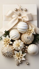Elegant Christmas decorations for a festive tree of a light shade, decorated with beads and stones. Monochromatic background with copy space, decor for the new year